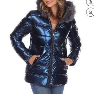 NWT White Mark Blue Metallic Puffer Coat w/ Faux Fur Trim